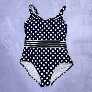 Lands End Polka Dot Striped One Piece Swimsuit Black White Tugless Womens 14